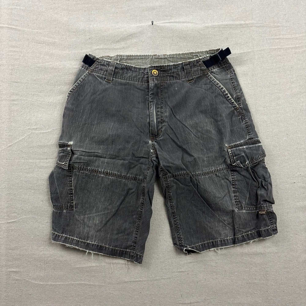 Kuhl Cargo Shorts Medium Black Faded Dura Kuhl Canvas Adjustable Waist Raw Hem